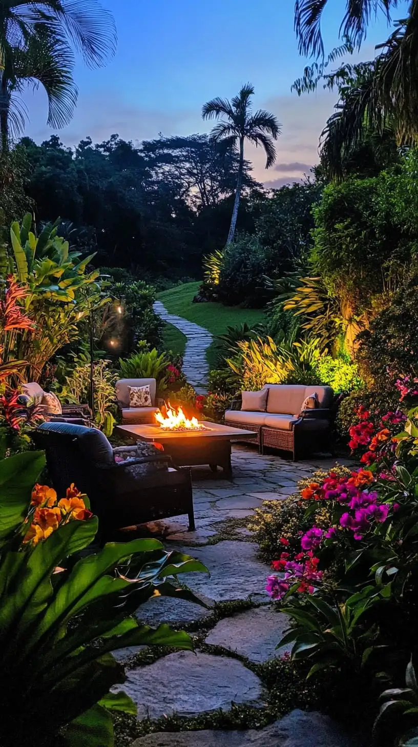A lush tropical garden at dusk with vibrant flowers, a cozy outdoor seating area around a fire pit, and stone paths leading through greenery to distant trees.
