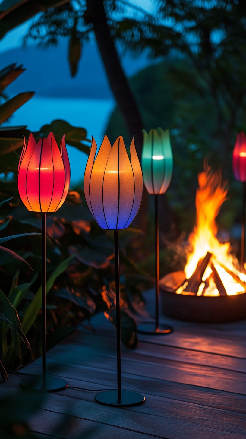 Colorful tulip-shaped outdoor floor lamps illuminating a fire pit surrounded by tropical plants at night.