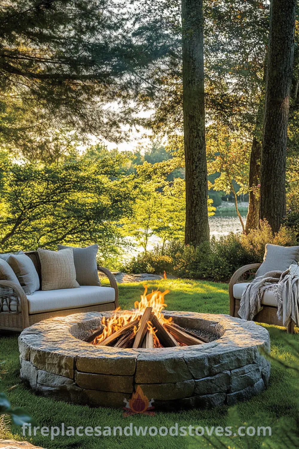 Inviting backyard fire pit area on fireplacesandwoodstoves.com, featuring cozy outdoor seating, fire pit designs, and unique garden ideas for a welcoming outdoor living space.