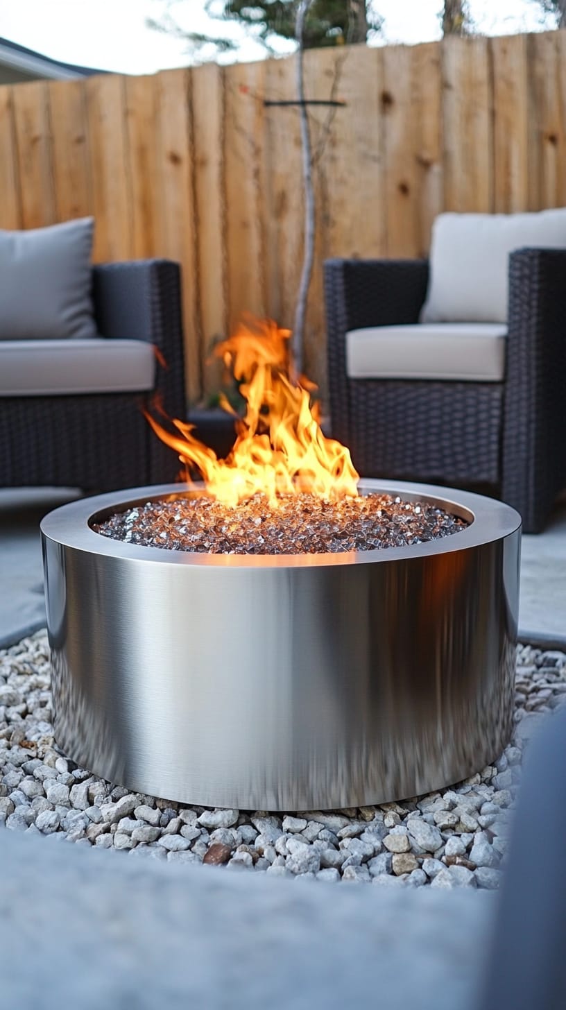 A round stainless steel fire pit with flames, surrounded by outdoor seating and pebbles in a cozy backyard setting.