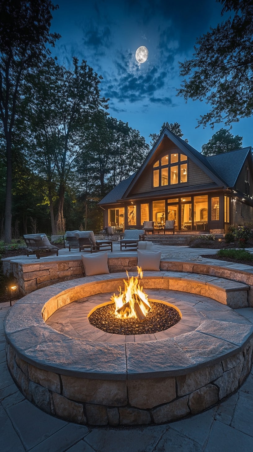 A stone fire pit surrounded by seating at night, illuminated by moonlight with a cozy atmosphere for gatherings.