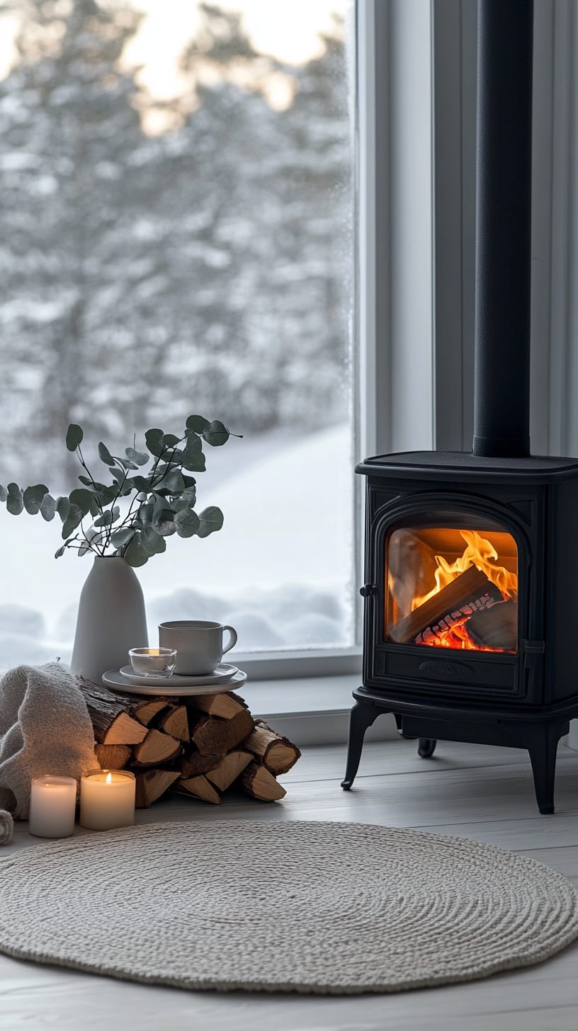 A cozy room with a modern wood stove, a cup of coffee, a round carpet, and snow visible outside the window, framed by a warm and inviting Scandinavian interior design.