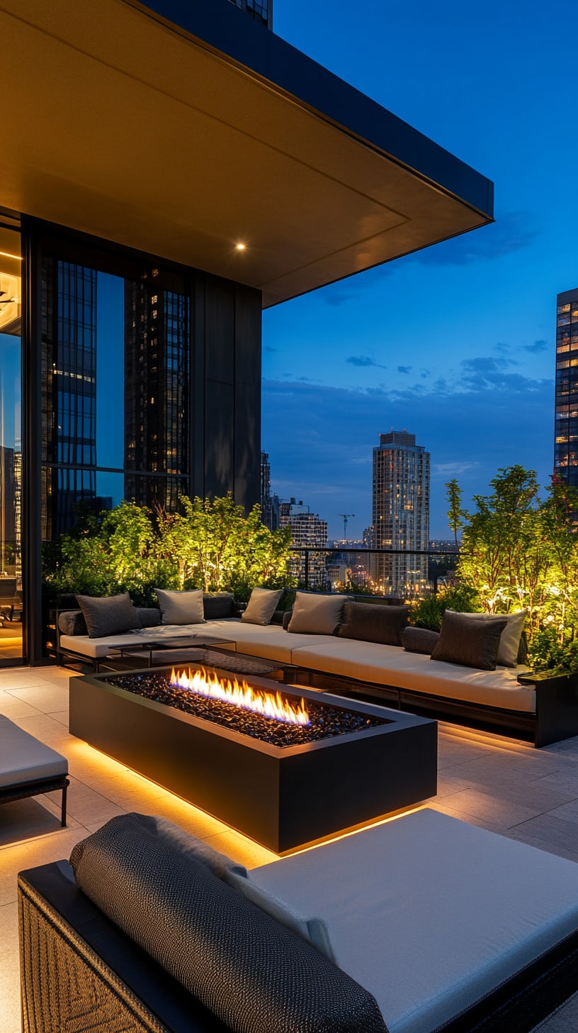 A stylish rooftop terrace featuring modern furniture, an oversized fire pit, and city skyline views at night, surrounded by greenery.