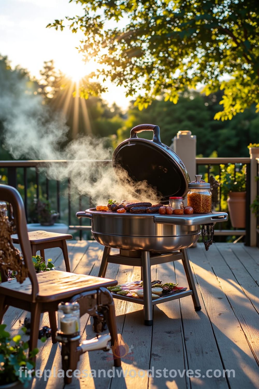 Barbecue on a sun-washed wooden deck with sizzling sausages and charred vegetables, surrounded by potted plants and mismatched chairs, creating a cozy and inviting atmosphere ideal for outdoor gathering, inspirations for your home, design ideas, visit fireplacesandwoodstoves.com.