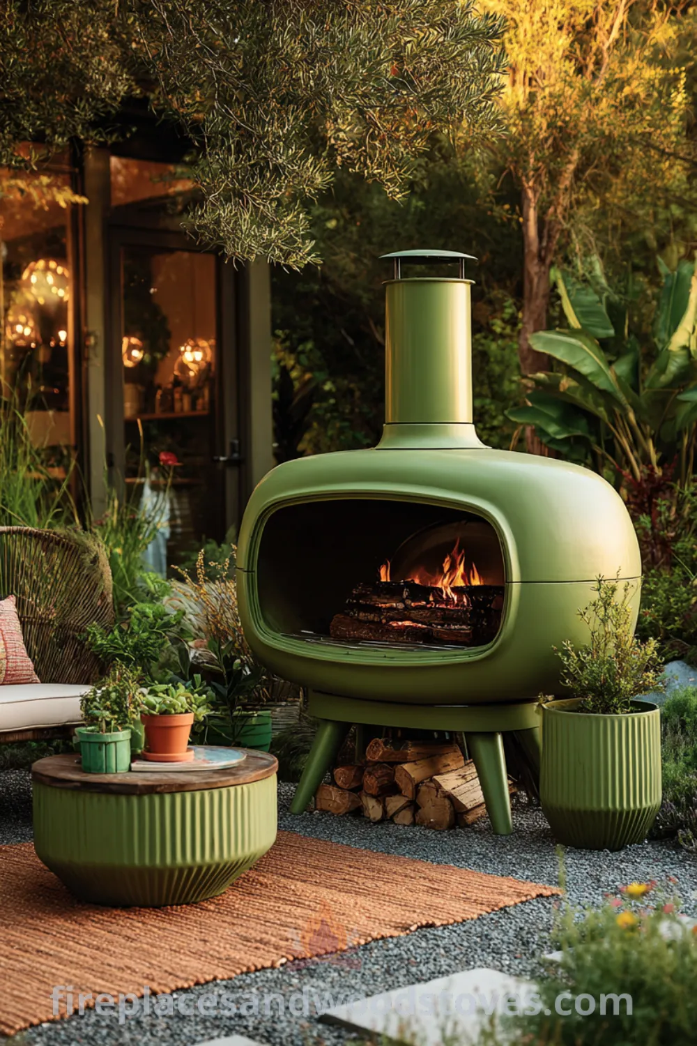 Freestanding corner fireplace surrounded by vintage planters in a landscaped backyard, showcasing mid century modern patio and inviting outdoor lounge.