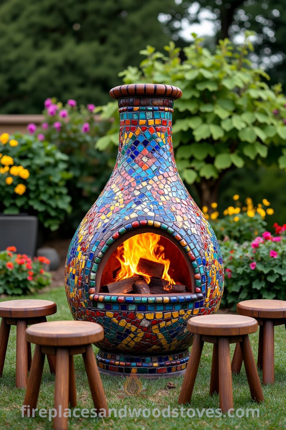 Bohemian mosaic firepit in a lush garden with colorful chipped tiles, surrounded by mismatched wooden stools and flickering flames, creating a cozy atmosphere for gatherings, showcasing unique design ideas for your home at fireplacesandwoodstoves.com.