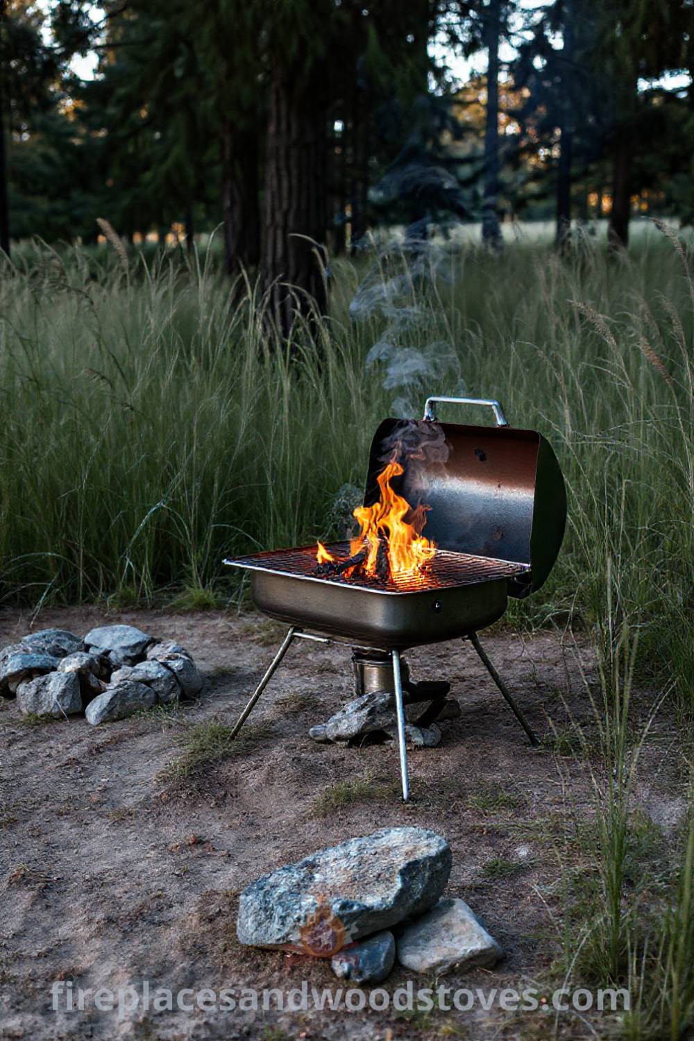 Sturdy camping barbecue on uneven earth with flames and aromatic smoke surrounded by swaying grass and trees, creating a cozy outdoor atmosphere perfect for gatherings, inspiring incredible ideas for your backyard at patioandhomefurniture.com.