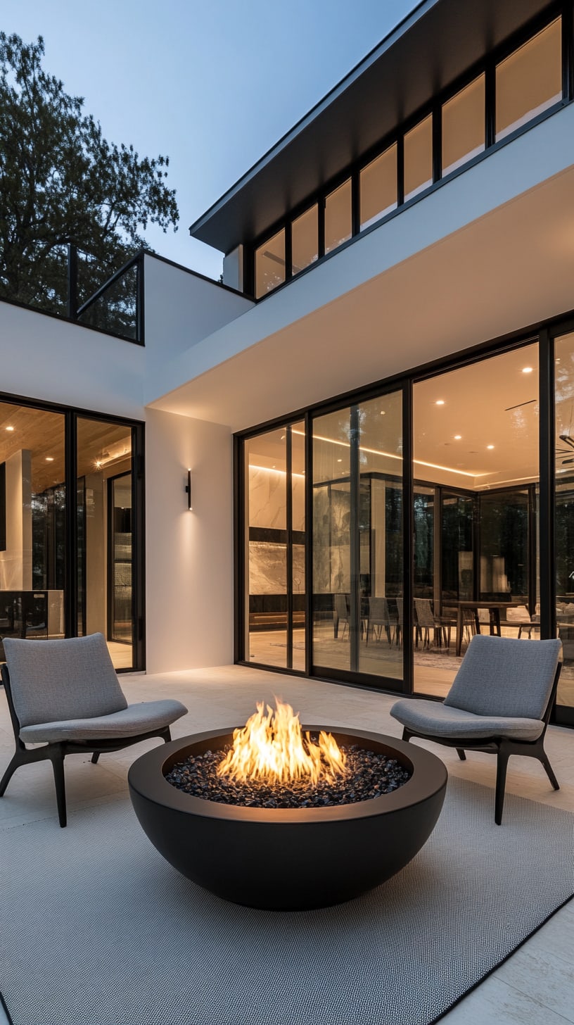 A modern patio with a sleek fire pit, comfortable seating, and warm indoor lighting, creating a cozy atmosphere for evening relaxation.
