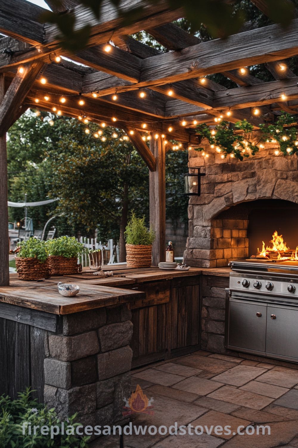 Outdoor kitchen under a wooden pergola featuring a stone countertop, rustic wooden accents, and a wood-burning fireplace, enhanced by aromatic herbs and twinkling string lights, showcasing cozy design ideas for your home at wellnesswink.com.