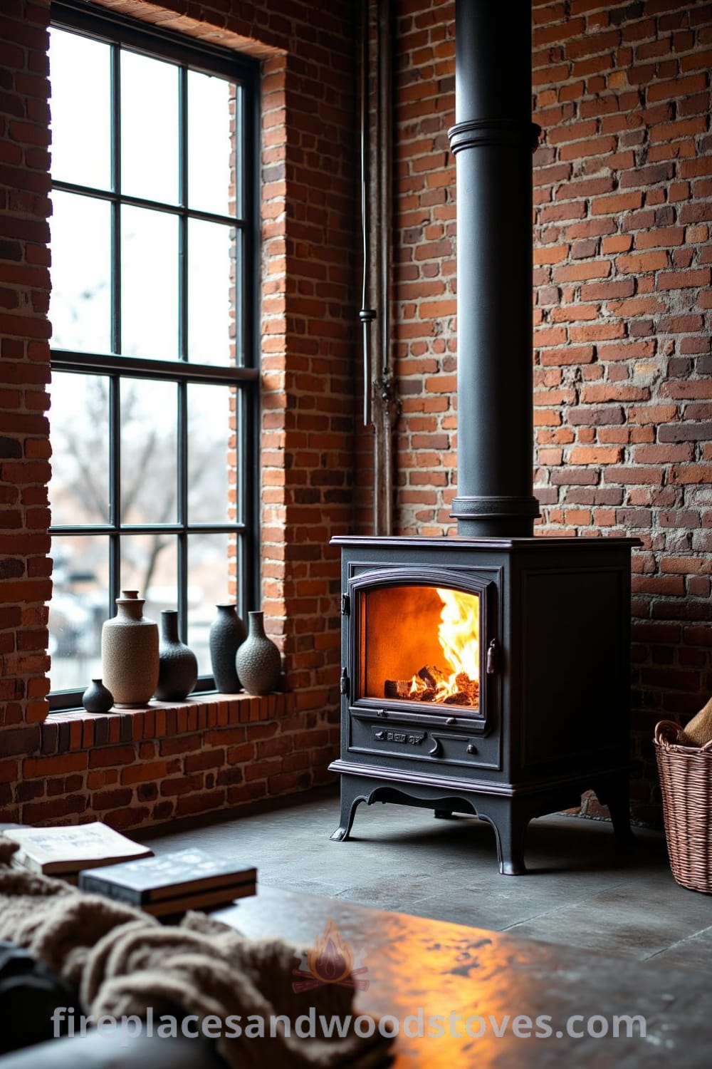 Industrial metal pipe woodstove fireplace in an urban loft setting, showcasing exposed brick walls, warm crackling firelight, and a cozy reclaimed wood coffee table adorned with blankets and books, perfect for an inviting and stylish atmosphere. Visit fireplacesandwoodstoves.com for cozy ideas and design inspirations.