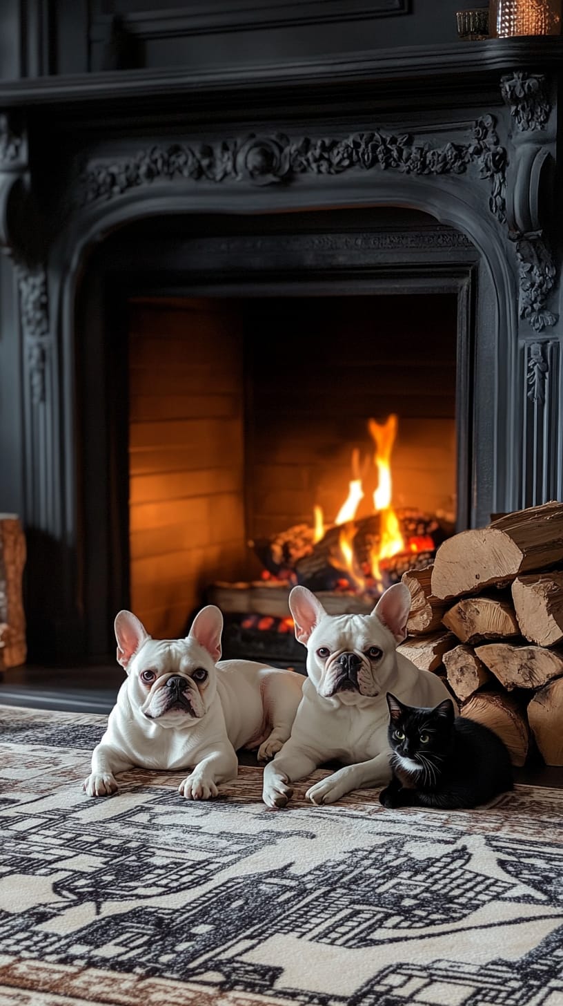 Two white French bulldogs and a black cat lounging on a carpet in front of a large stone fireplace, creating a warm and cozy atmosphere.