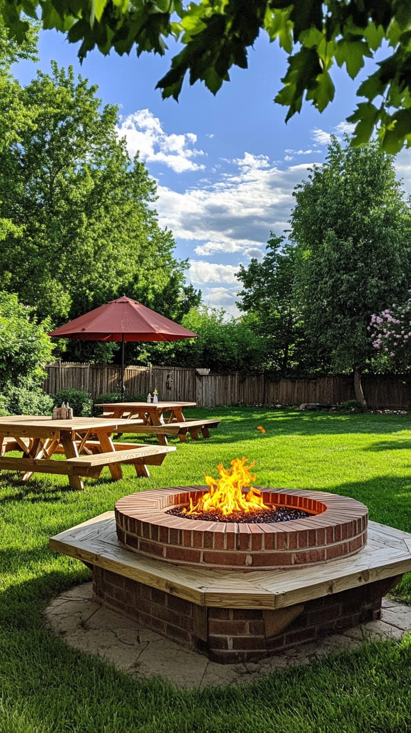 A cozy outdoor fire pit made of red bricks, surrounded by green grass, picnic tables, and trees, set against a clear blue sky with fluffy white clouds.