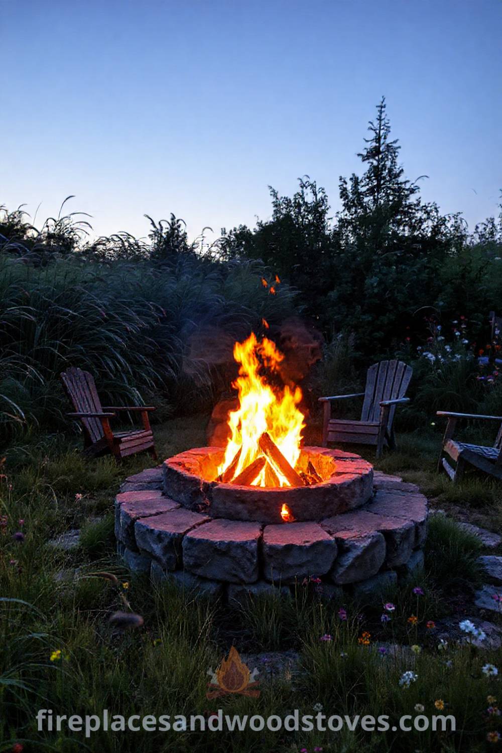 Stone fire pit in a lush backyard, surrounded by grasses and wildflowers, featuring mismatched chairs and warm flames, creating an inviting and cozy outdoor retreat. Visit patioandhomefurniture.com for incredible ideas transforming your backyard.