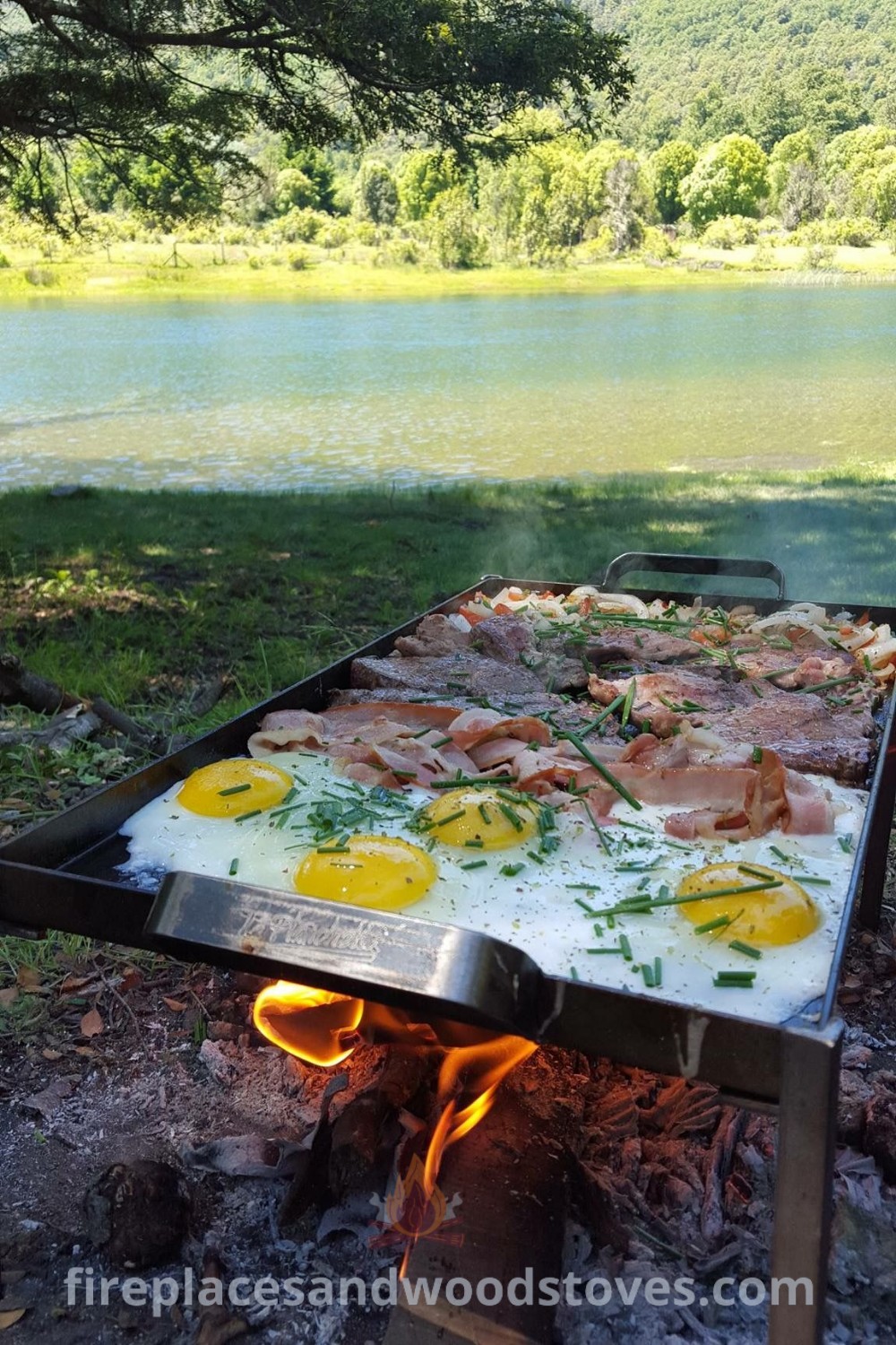 An outdoor grill with food cooking next to a beautiful lake and trees, ideal for cozy gatherings and stylish BBQ parties. Explore creative outdoor cooking ideas that transform your backyard at patioandhomefurniture.com.