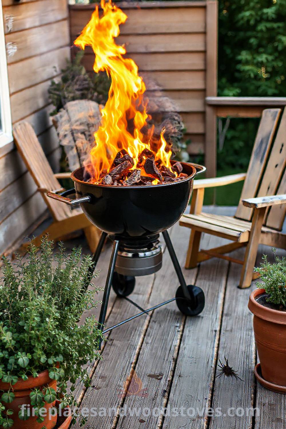 Sturdy grill on a wooden deck surrounded by sun-bleached patio furniture and terracotta pots with herbs, creating a cozy outdoor oasis perfect for gatherings. Visit patioandhomefurniture.com for stylish ideas transforming your backyard.