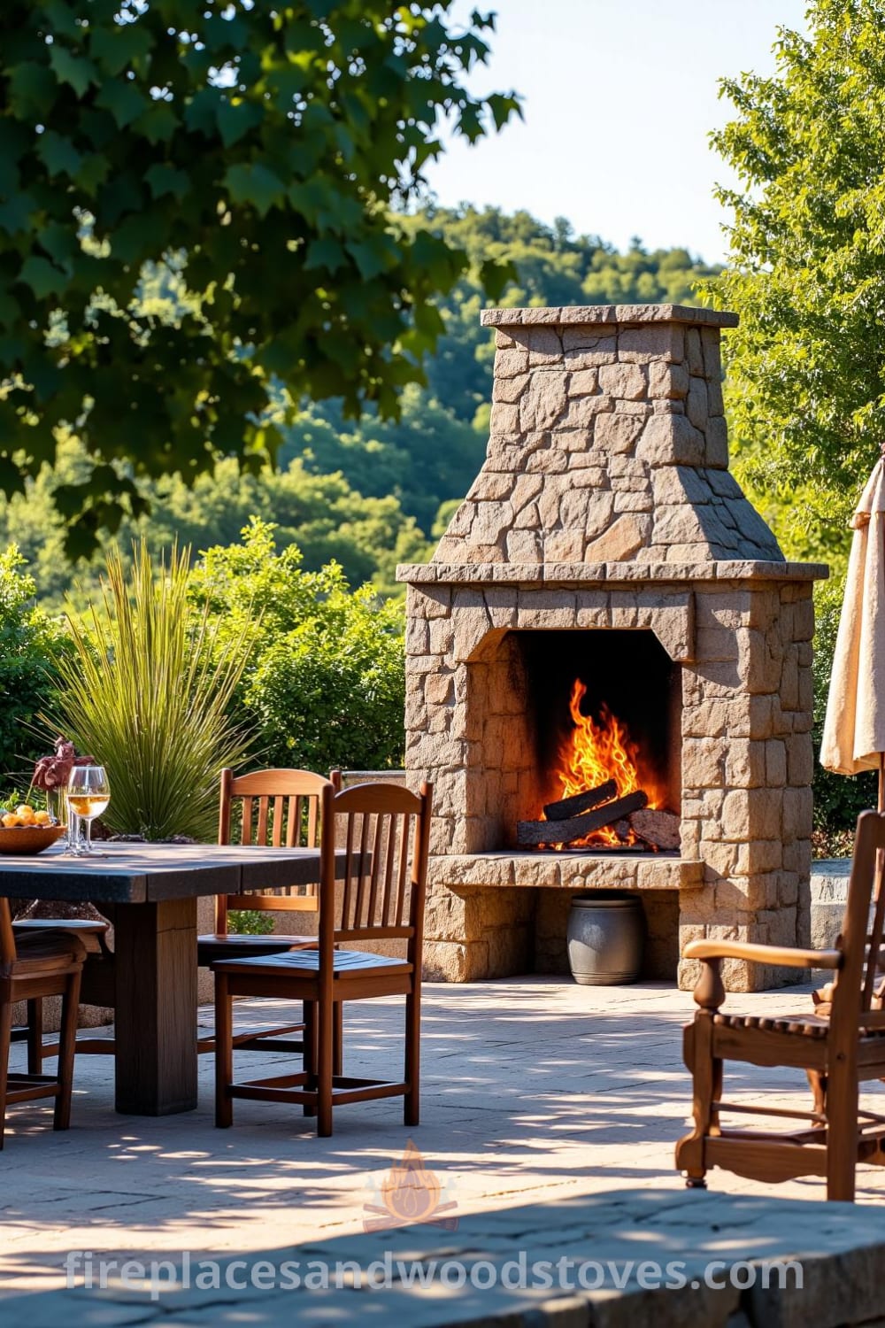 Rustic stone outdoor barbecue nestled on a sun-drenched patio with flames gracefully illuminating the area, surrounded by mismatched chairs, creating a cozy atmosphere for summer gatherings. For more cozy ideas, visit fireplacesandwoodstoves.com.