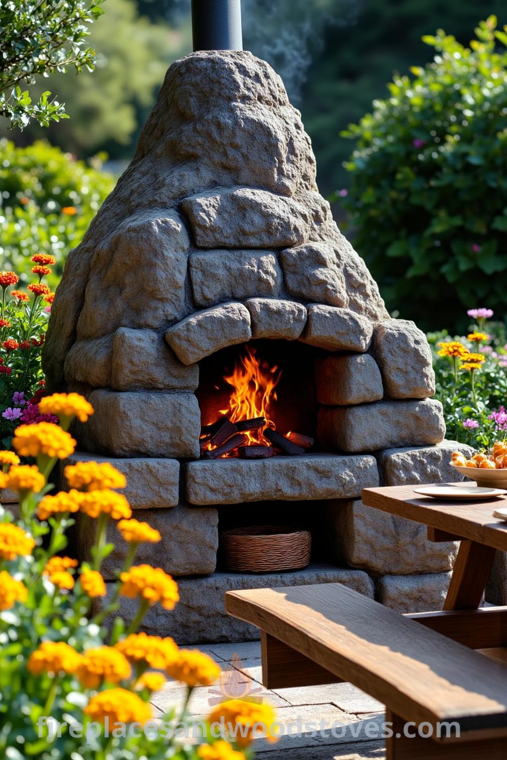Cozy outdoor barbecue in a sun-drenched backyard, surrounded by blooming wildflowers, featuring a rustic stone grill with flickering flames, a weathered wooden picnic table set for dinner, and smoke curling into the air, showcasing cozy ideas and decor inspirations for your home, site: fireplacesandwoodstoves.com.
