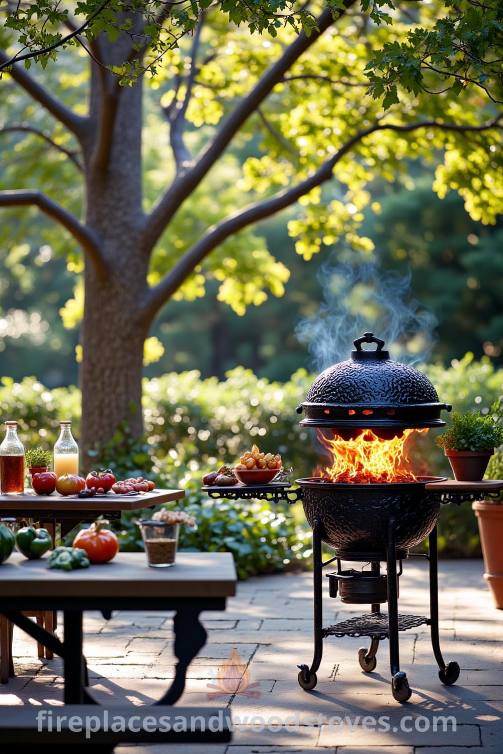 Victorian wrought iron outdoor barbecues on a sun-dappled patio with flames flickering in the grill, surrounded by stone tiles and a wooden picnic table laden with fresh vegetables, creating a cozy atmosphere for family gatherings, showcasing unique design ideas for your home, featured on fireplacesandwoodstoves.com.