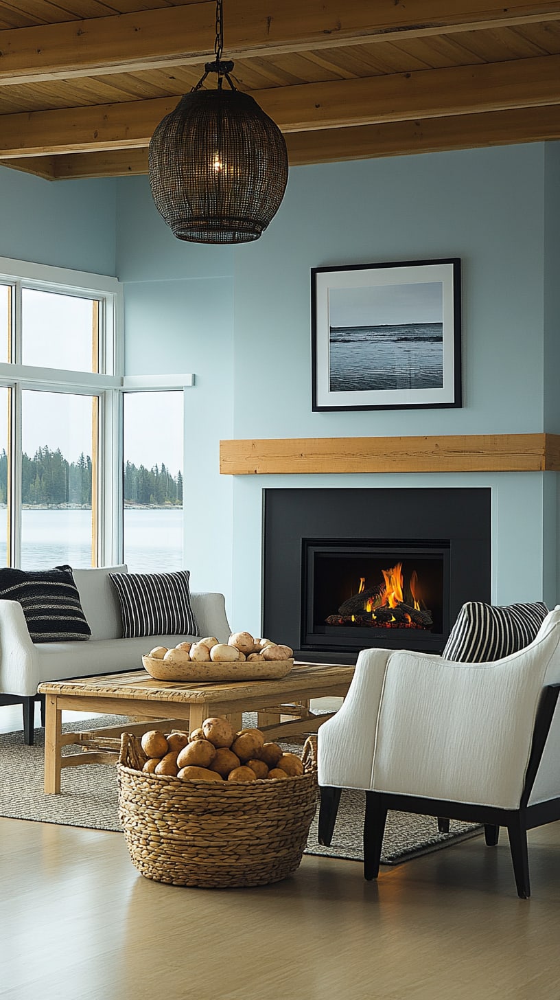 A cozy coastal modern living room featuring light blue walls, white furniture, a lit fireplace, and large windows showcasing a water view, with a basket of potatoes on the coffee table.