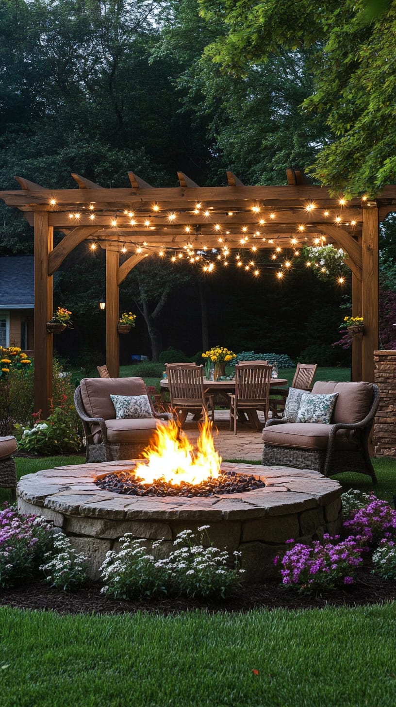 A cozy backyard featuring a fire pit surrounded by comfortable seating, string lights hanging from an arbor, and colorful flowers throughout the lush grass.