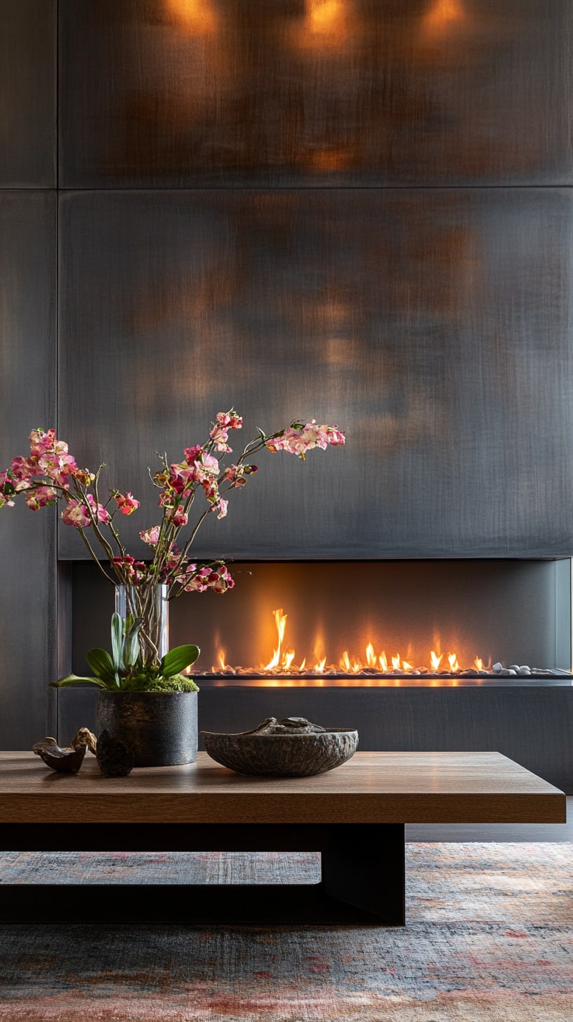 A modern living room featuring a stylish fireplace, elegant coffee table with orchid arrangements, and warm ambient lighting against dark gray walls.