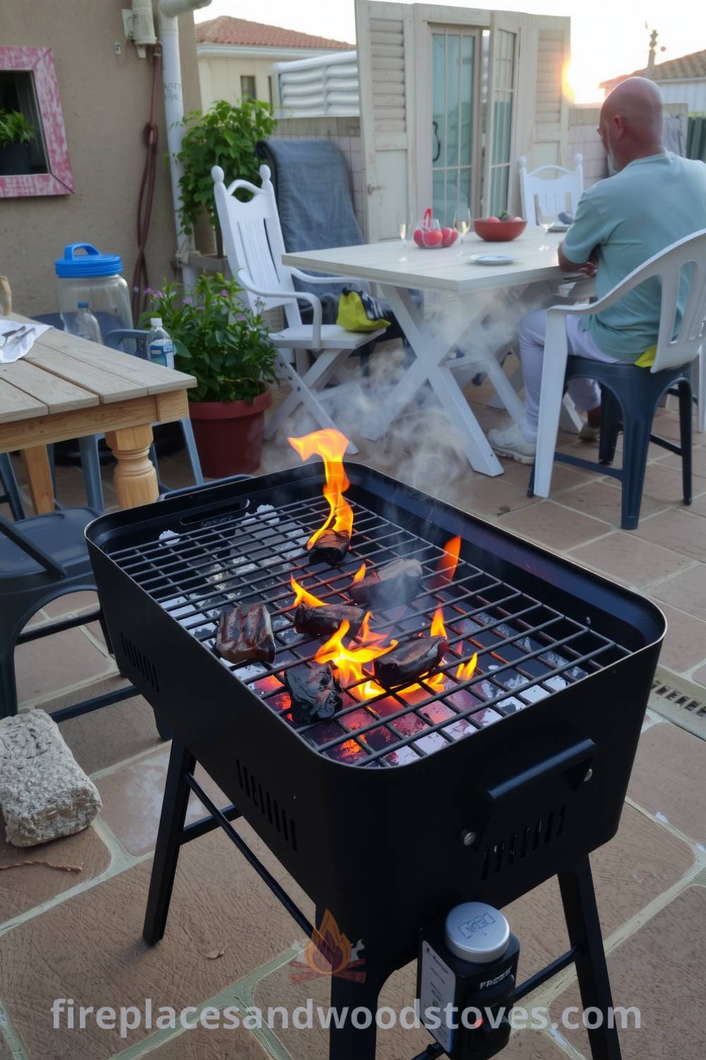 Barbecue on a weathered stone patio with grill marks, flames beneath the grates, rustic wooden table with mismatched chairs, and potted herbs, creating a cozy outdoor dining scene suitable for summer gatherings at fireplacesandwoodstoves.com.
