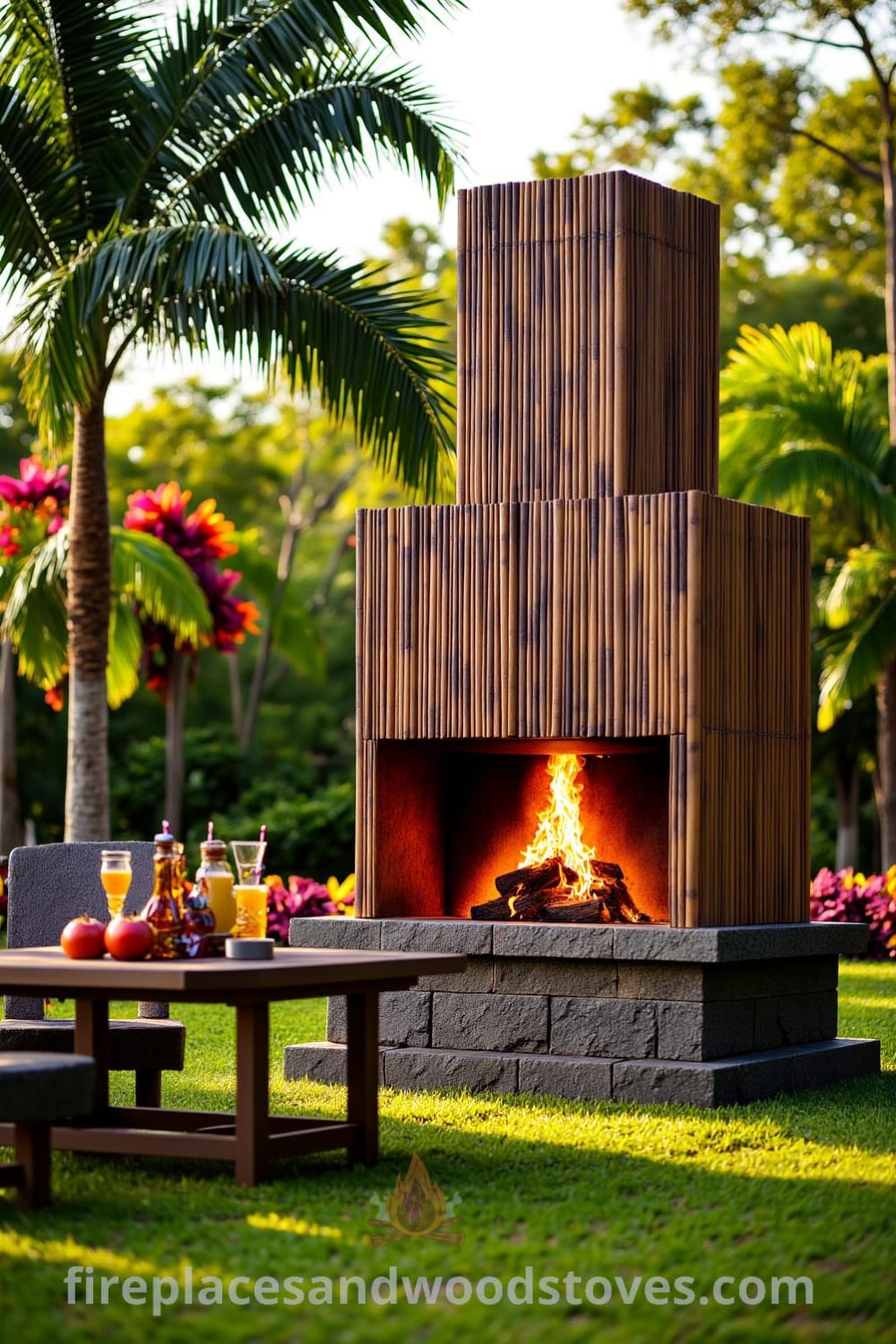 Tropical bamboo barbecue fireplace in a lush garden, surrounded by palm trees and colorful flowers, featuring flickering flames in a stone hearth, creating cozy ideas for outdoor gatherings, enhancing the vibe of a unique home decor inspired by nature. Visit fireplacesandwoodstoves.com for more design ideas.