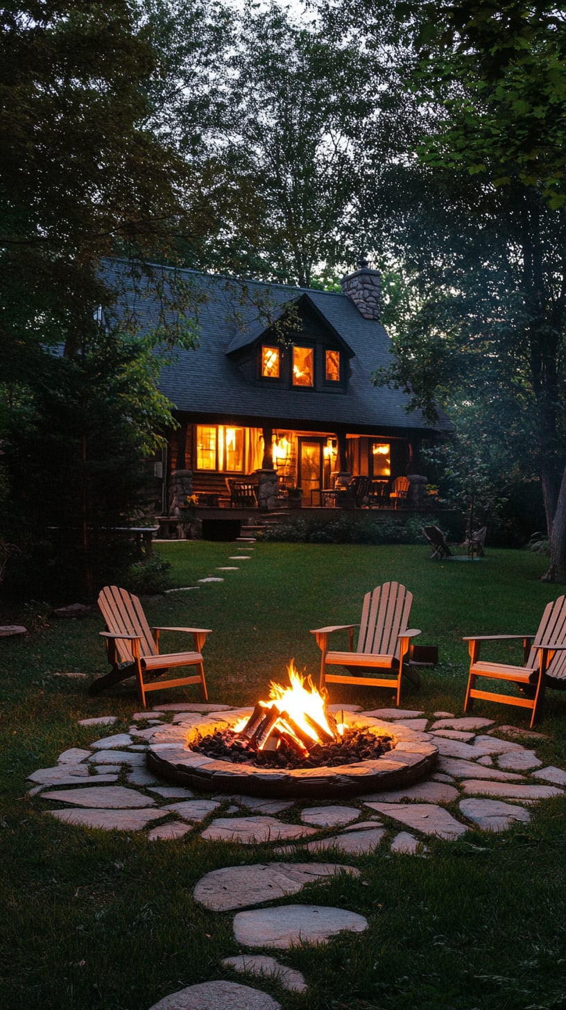 A rustic cabin at night with a warm fire pit surrounded by wooden chairs, lush green grass, and soft lighting creating a cozy atmosphere.