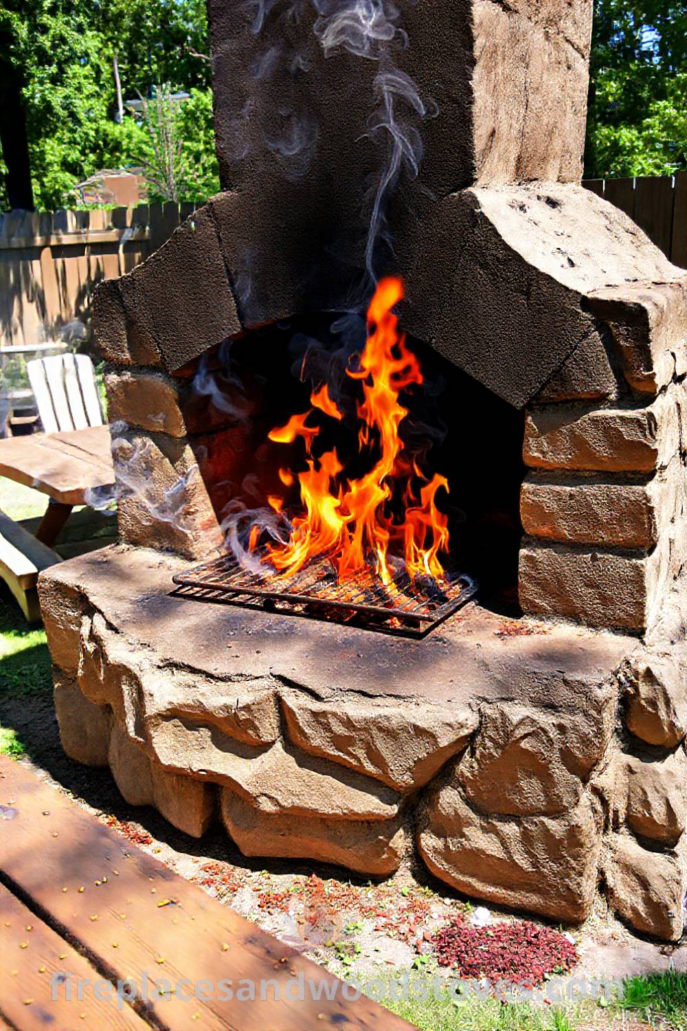 Robust stone fireplace BBQ in a sunny backyard, flames dancing from the grill near a wooden picnic table, surrounded by fragrant herbs and spices, creating a cozy and inviting atmosphere for outdoor gatherings. Visit patioandhomefurniture.com for incredible ideas that will wow your guests.