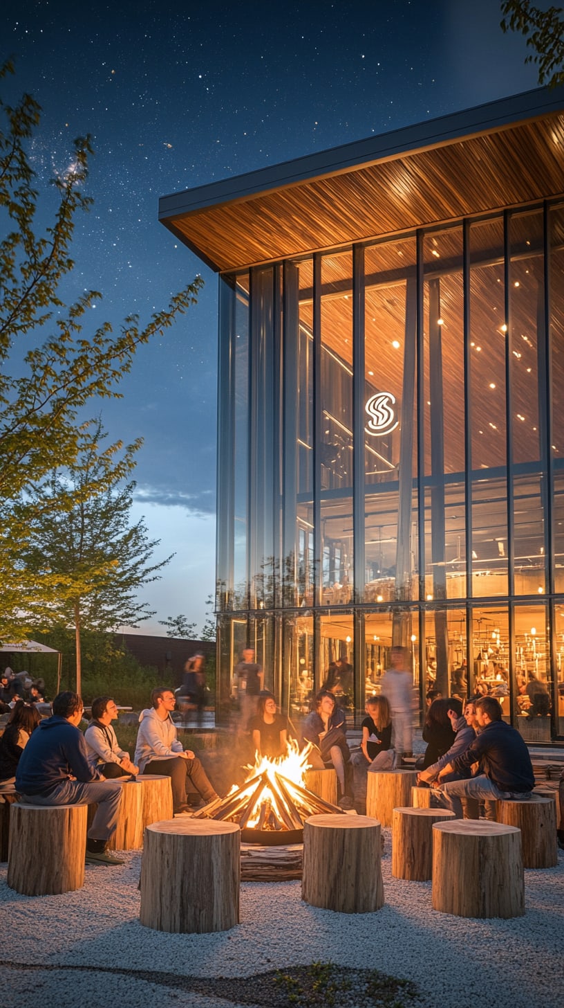 A modern building with large windows and wooden accents, featuring people gathered around an open-air fire pit made of tree stumps, illuminated by a starry night sky.
