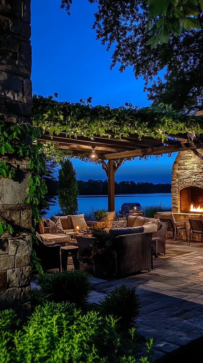 A beautiful outdoor living space with a stone fireplace, comfortable seating, and lush greenery, overlooking a serene lake at night.