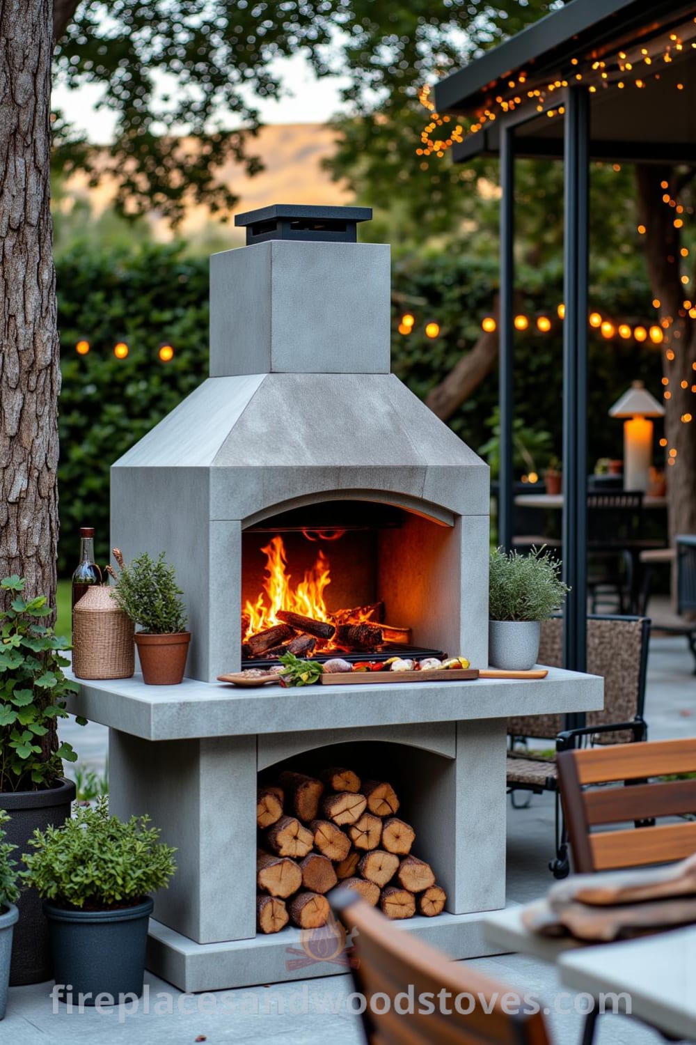 Modern concrete outdoor barbecue on a spacious patio with rustic wooden furniture, crackling fire, potted herbs, and fairy lights, creating a cozy atmosphere for evening gatherings, featuring decor ideas from fireplacesandwoodstoves.com.