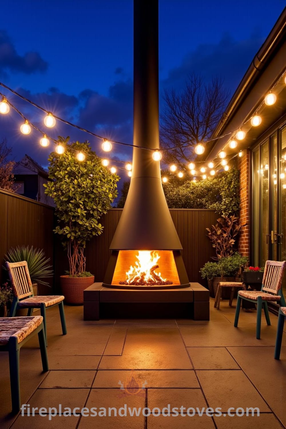 Industrial steel outdoor fireplace on a concrete patio surrounded by mismatched chairs and illuminated by fairy lights, creating a cozy, urban atmosphere ideal for outdoor gatherings, offering unique decor inspirations for your home at fireplacesandwoodstoves.com.