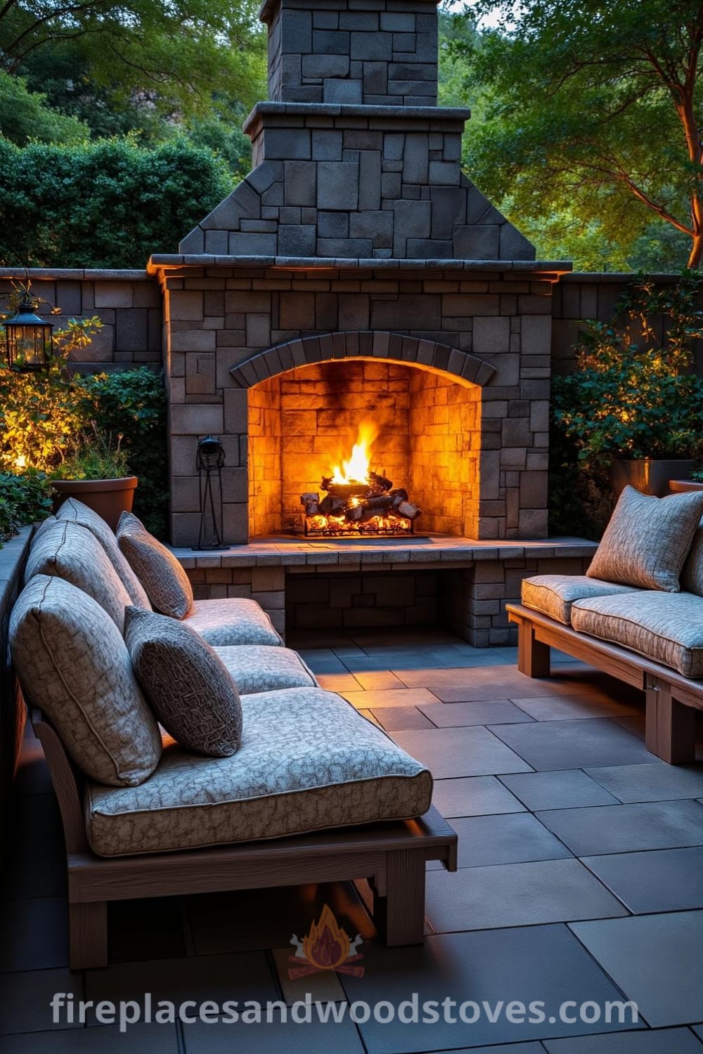 Cozy outdoor fireplace in a sunken patio surrounded by lush greenery, featuring rustic stonework, comfortable seating with thick cushions, and a warm, inviting atmosphere perfect for evening gatherings. Explore unique ideas for your home at fireplacesandwoodstoves.com.