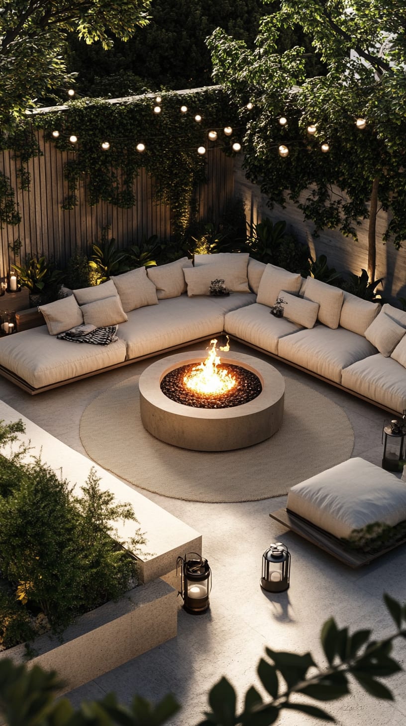 An inviting outdoor seating area featuring a round fire pit, surrounded by comfortable sofas and lush greenery, enhanced by string lights for a cozy ambiance.