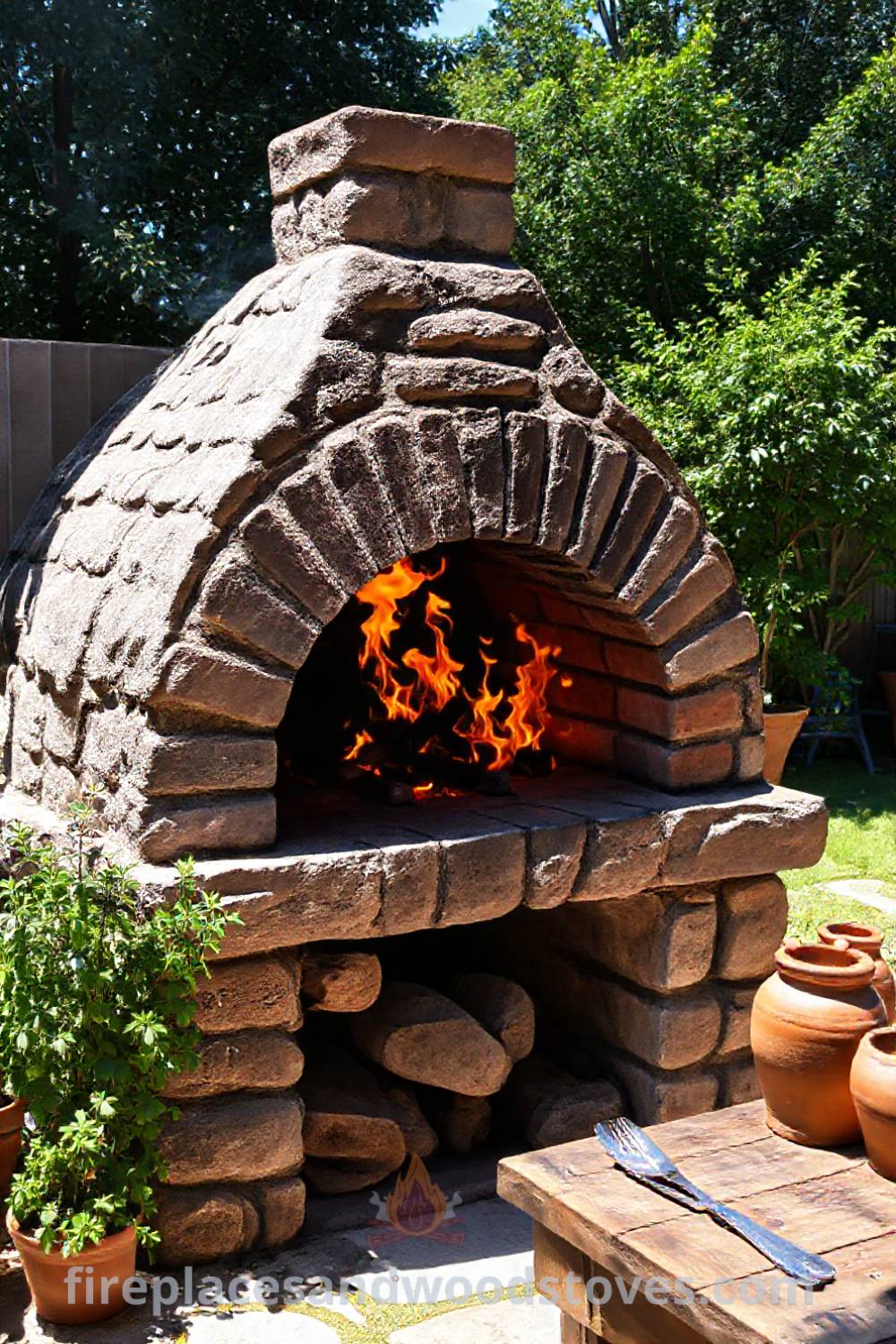 Stone BBQ oven in a sun-drenched backyard featuring intricately patterned bricks and flames, surrounded by greenery and a rustic wooden table, showcasing incredible outdoor design ideas, perfect for creating a cozy space to wow your guests. Visit patioandhomefurniture.com for stylish inspiration.