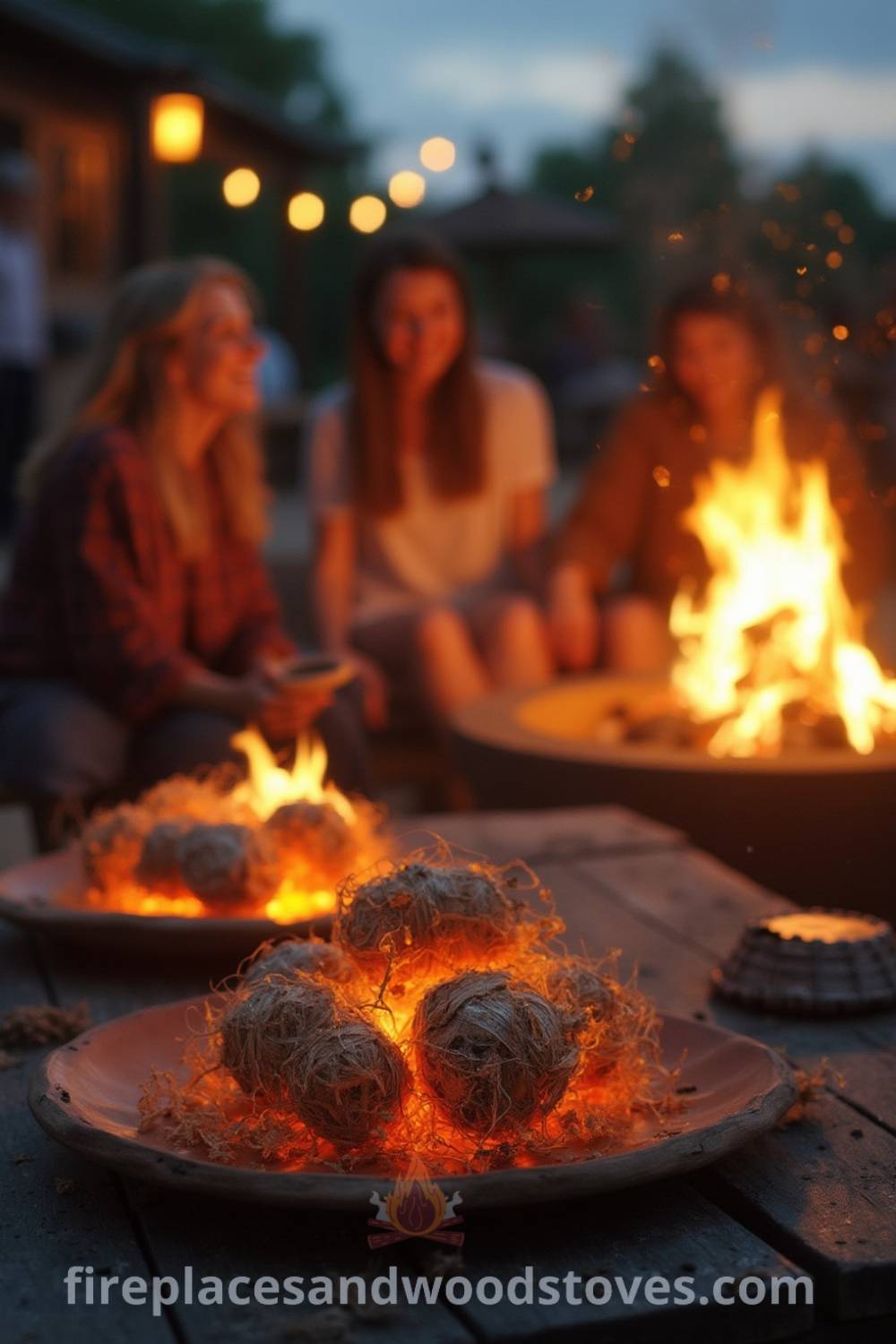 Natural fire starters made from eco-friendly materials on a wooden table, with a cozy outdoor fire pit and friends enjoying the warmth in the background.