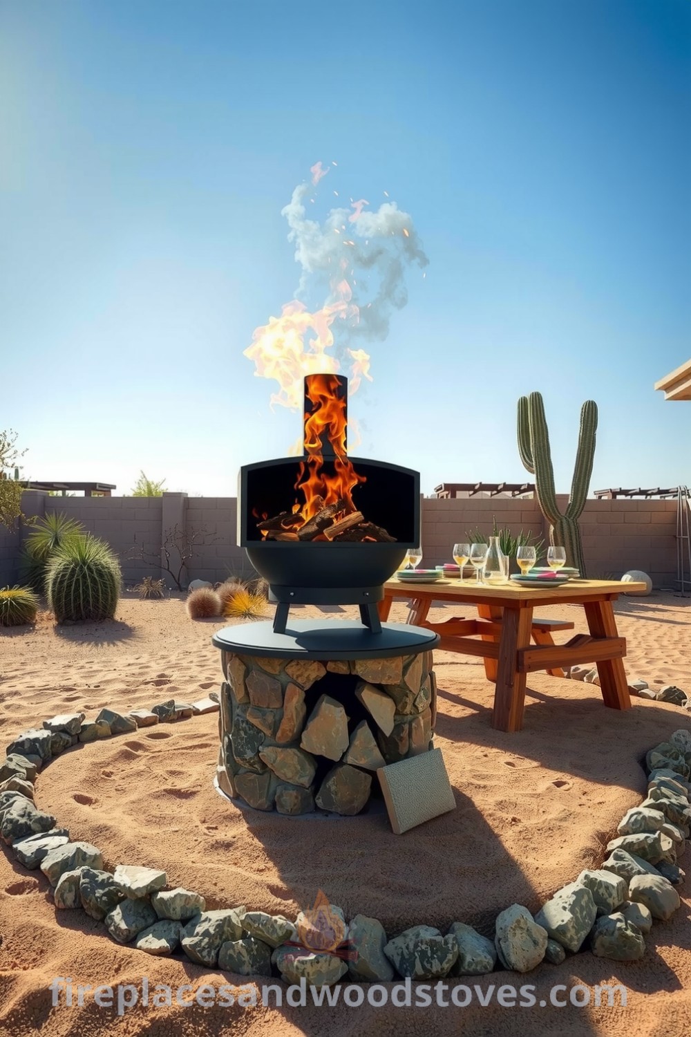 Rustic outdoor barbecue with a sandstone base in a sunlit backyard, accented by colorful picnic tableware and loose stones, surrounded by cacti, illustrating cozy ideas for backyard designs at fireplacesandwoodstoves.com.