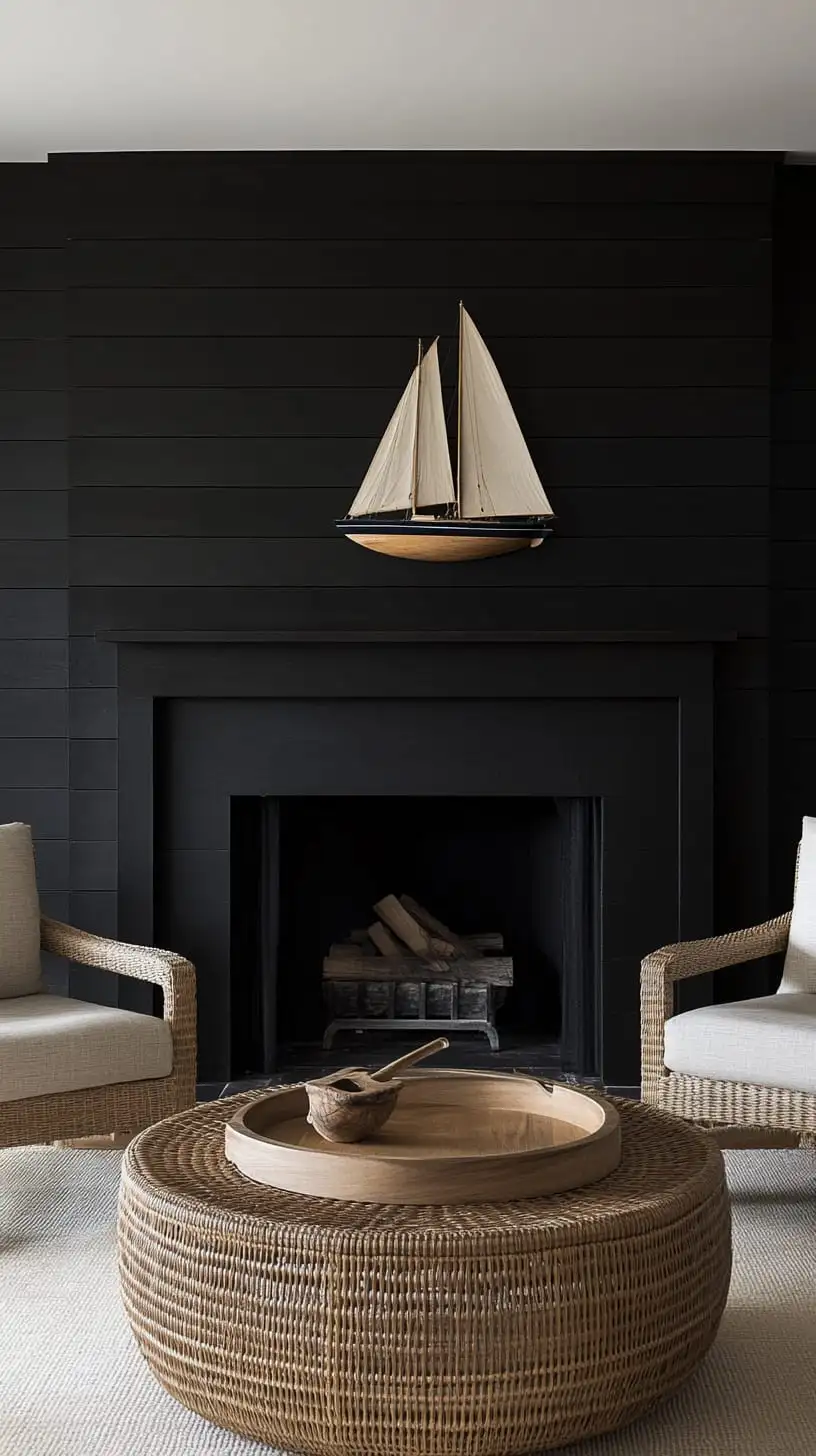 A nautical-themed living room featuring a black shiplap fireplace, rattan armchairs, a large wicker coffee table, and a sailboat model, all in neutral tones.