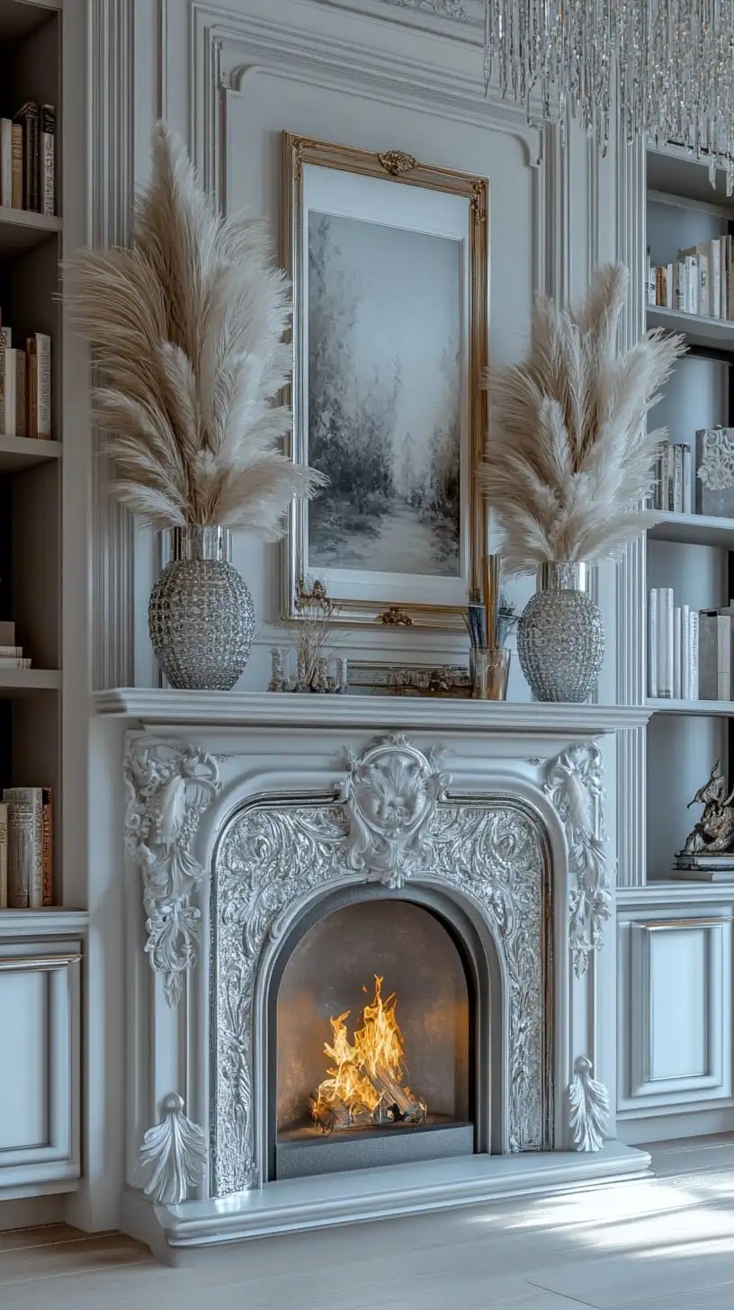 A white French-style fireplace with ornate carvings, surrounded by bookshelves and pampas grass in vases, creating a cozy and inviting living space.