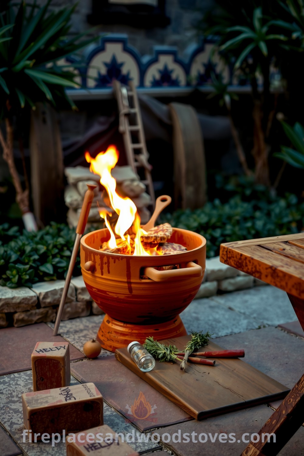 Handcrafted clay barbecue on a stone patio with flickering flames, surrounded by a rustic wooden table and a scattering of herbs and spices, showcasing cozy ideas and unique ideas for your home, featured at fireplacesandwoodstoves.com.