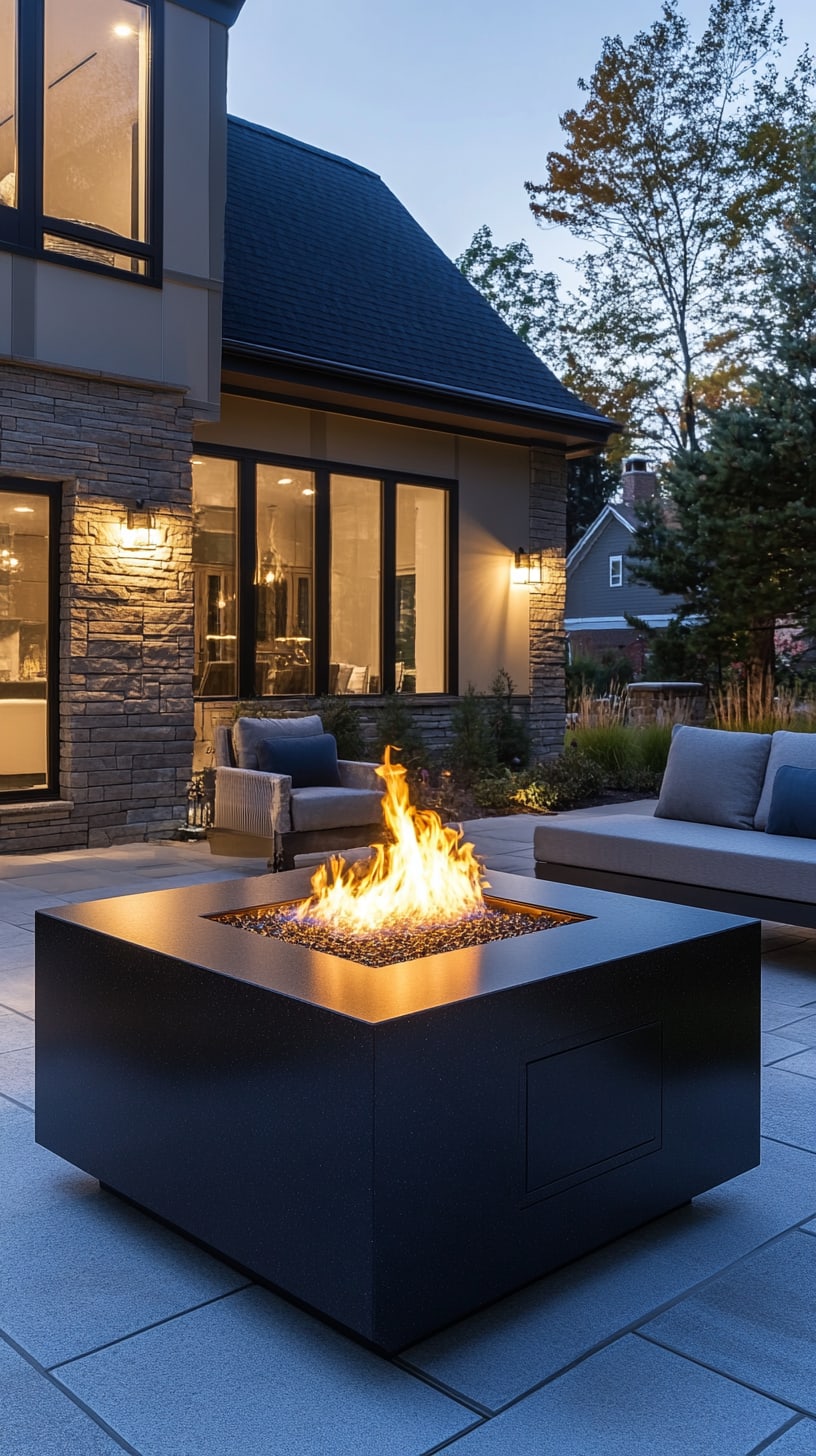A modern black square fire pit on an upscale patio surrounded by comfortable furniture and ambient lighting at dusk.