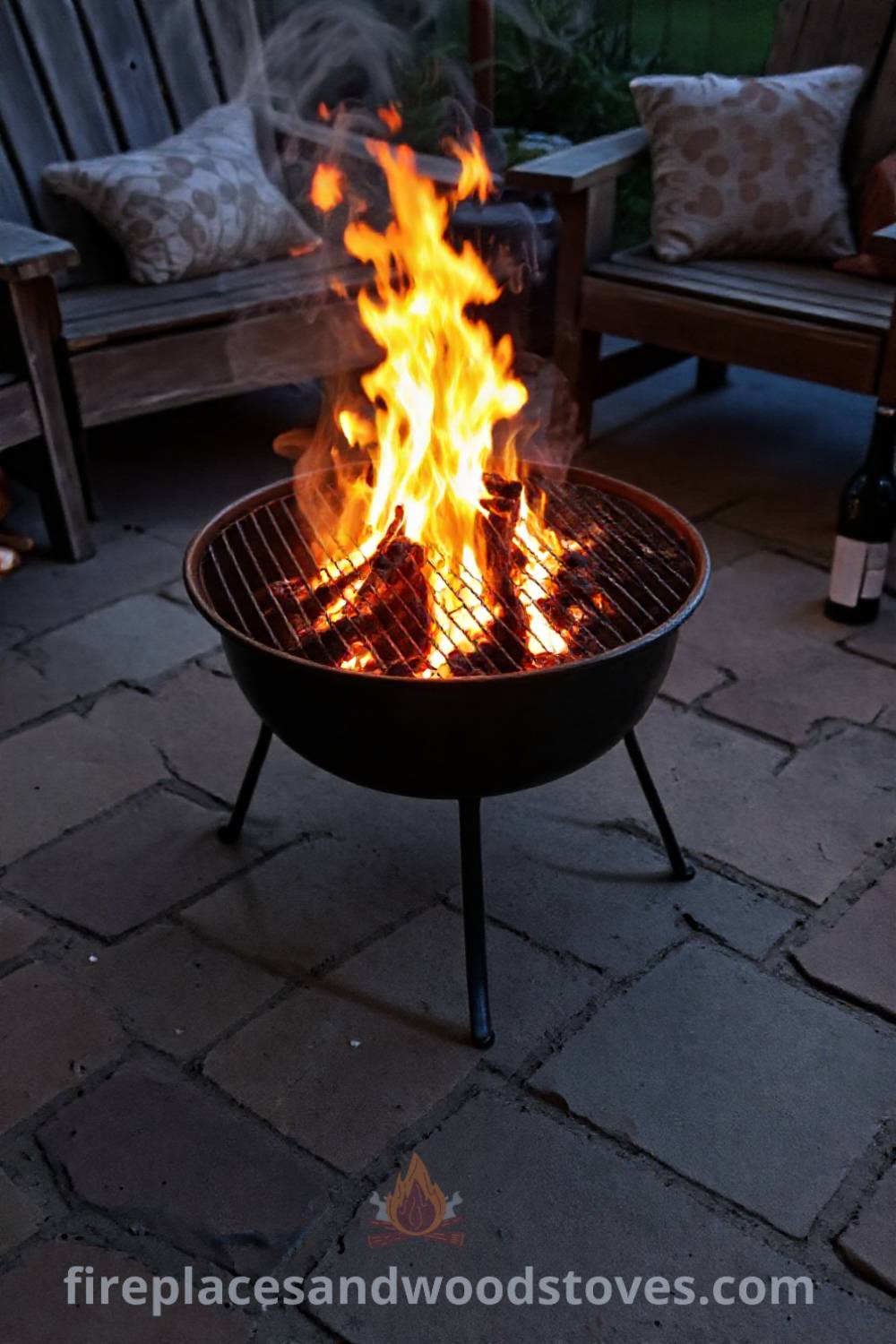Metal charcoal-burning fire pit on a paved patio surrounded by weathered wood furniture and scattered cushions, creating a cozy and inviting outdoor atmosphere perfect for gatherings. Visit patioandhomefurniture.com for incredible ideas transforming your backyard into a stylish retreat.