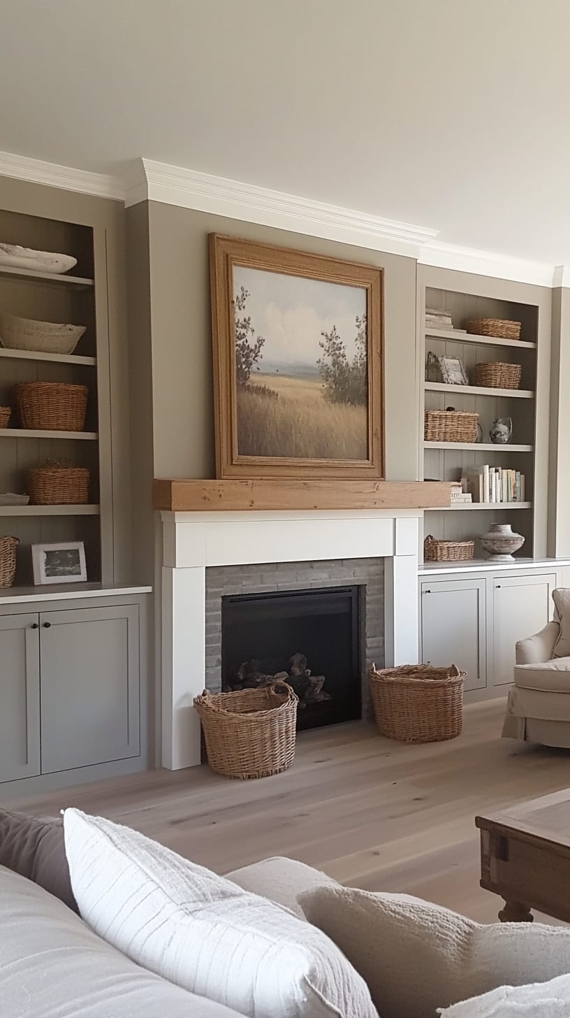 A spacious farmhouse-style living room featuring white oak flooring, light gray walls, built-in cabinets, a fireplace, and warm decor elements, creating a cozy atmosphere.