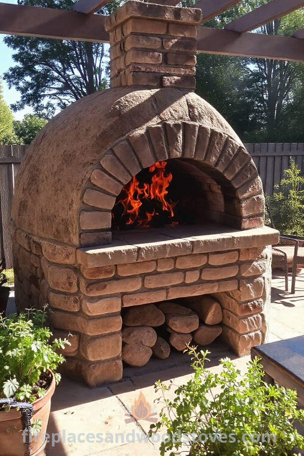 Sturdy stone BBQ oven on a sunlit patio, surrounded by outdoor furniture and potted herbs, creating a cozy and inviting culinary atmosphere. Visit patioandhomefurniture.com for stylish outdoor design ideas that will wow your guests.