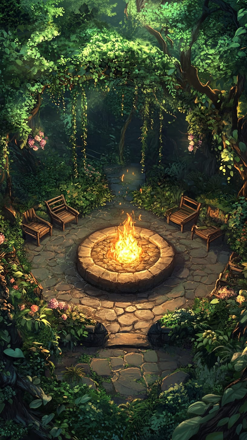 A magical forest clearing featuring an enchanted fire pit at the center, surrounded by wooden benches and lush greenery with flowers, creating a serene gathering space.