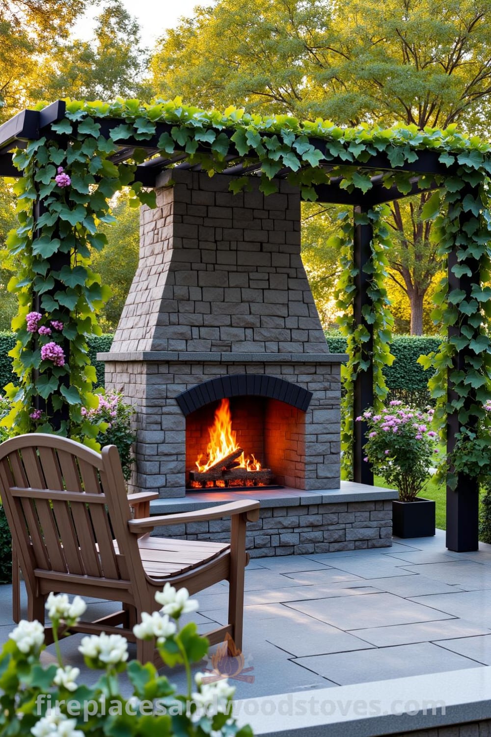 Outdoor fireplace integrated into a pergola, surrounded by lush flowers and creeping vines, with warm flames casting shadows on a stone patio, complemented by mismatched wooden chairs, creating a cozy and inviting atmosphere for outdoor gatherings. Visit fireplacesandwoodstoves.com for more cozy ideas and inspiration for your home.