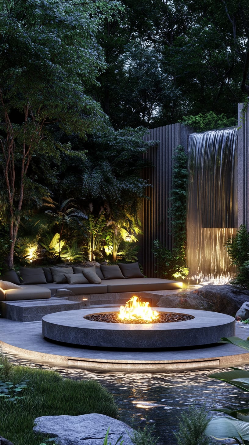 A modern outdoor garden featuring a circular fire pit, surrounded by lush greenery, comfortable seating, and a cascading waterfall, illuminated by soft lighting at night.