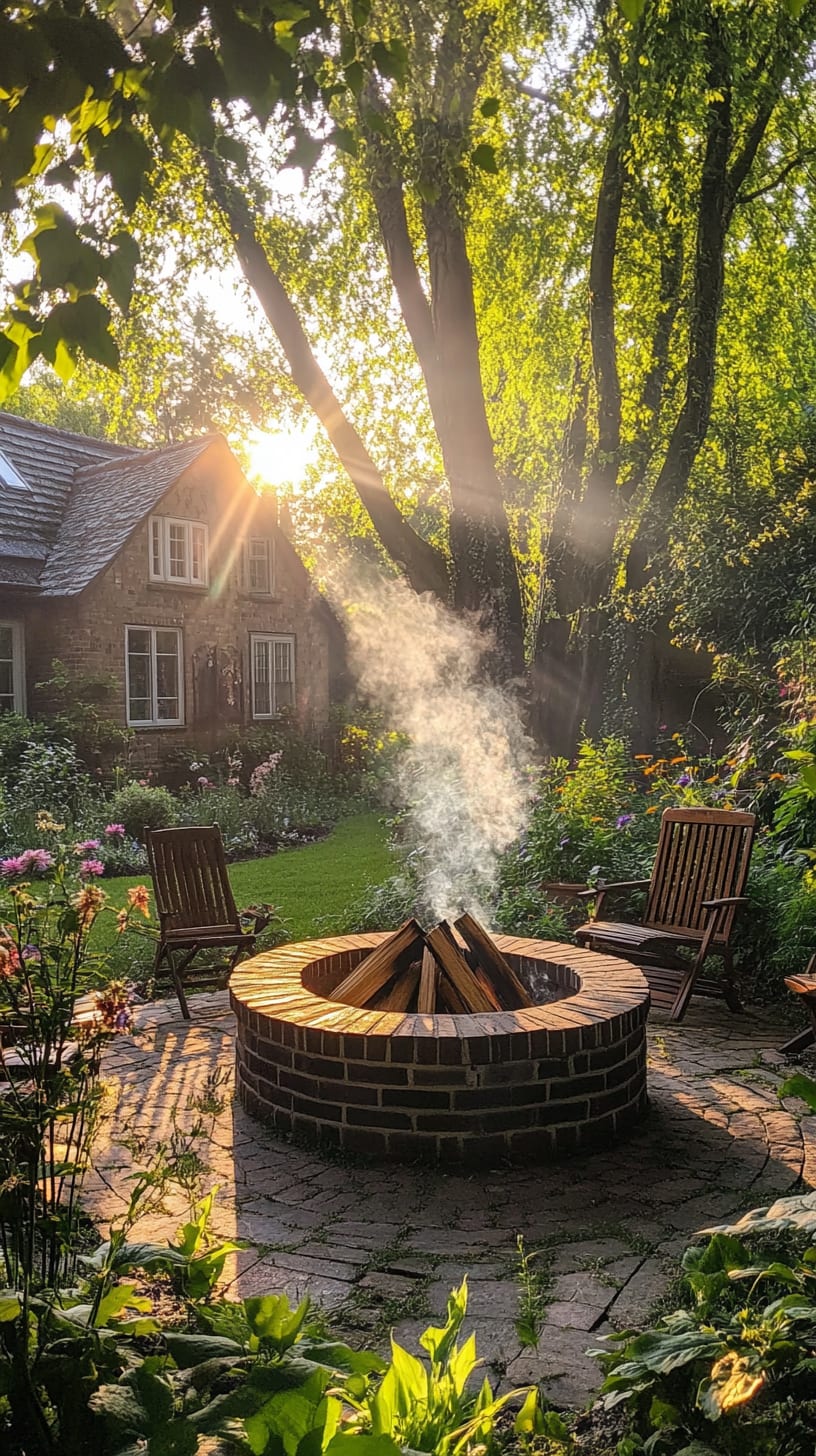 A round fire pit surrounded by wooden chairs and lush greenery, with smoke rising and sunlight filtering through the trees in a garden setting.