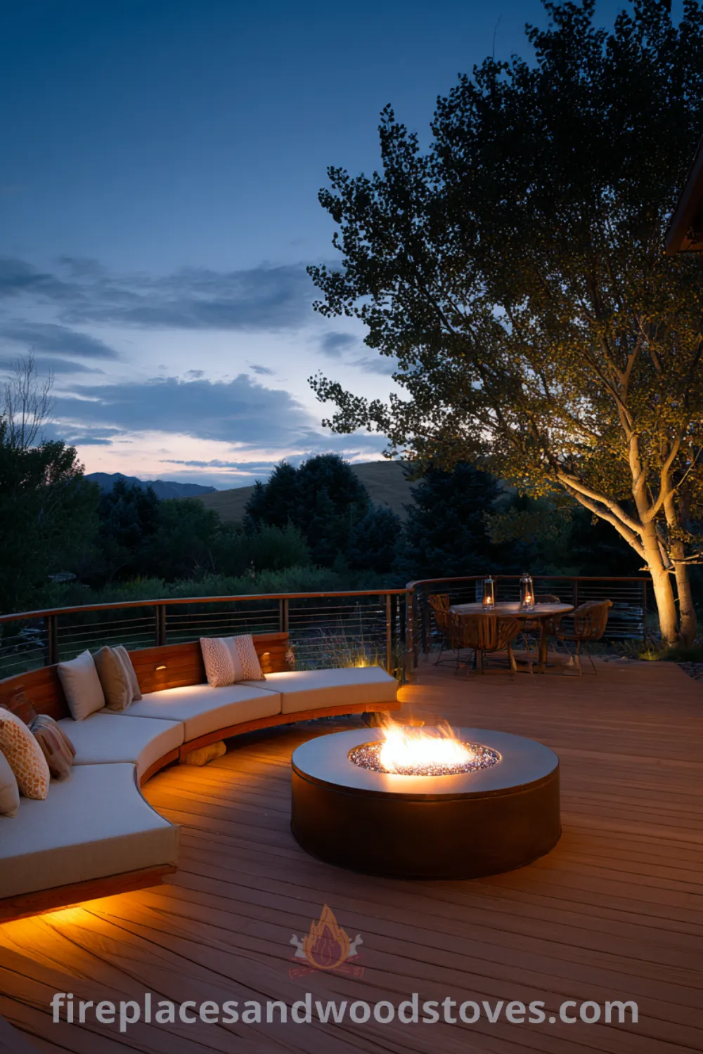 Minimalist outdoor space featuring a modern minimalist fire pit, sleek composite decking, serene fire pit area, and inviting glow for cozy evenings.